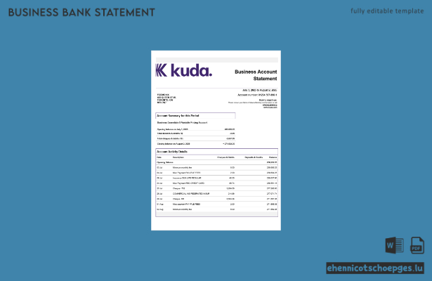 Kuda-Unternehmenskontoauszug (Vereinigtes Königreich) – Beispielansicht als Word- und PDF-Datei